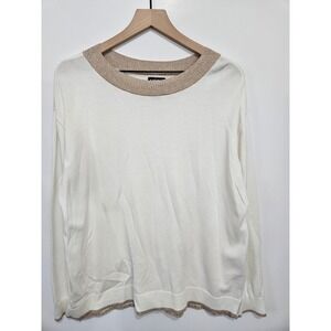 Lands End Womens White Cotton Knit Sweater Gold Metallic Crew Neck Large 14-16